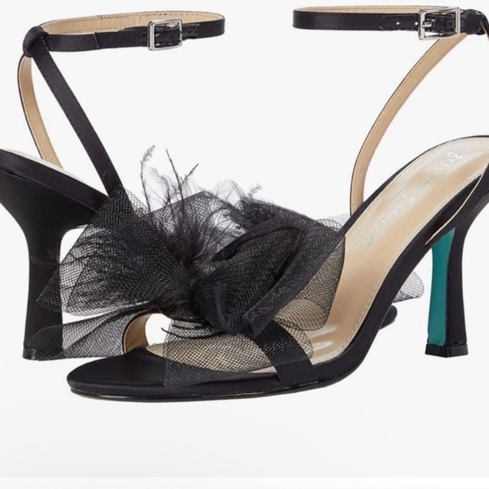 Black Satin Heels with Tulle Bow and Ankle Strap